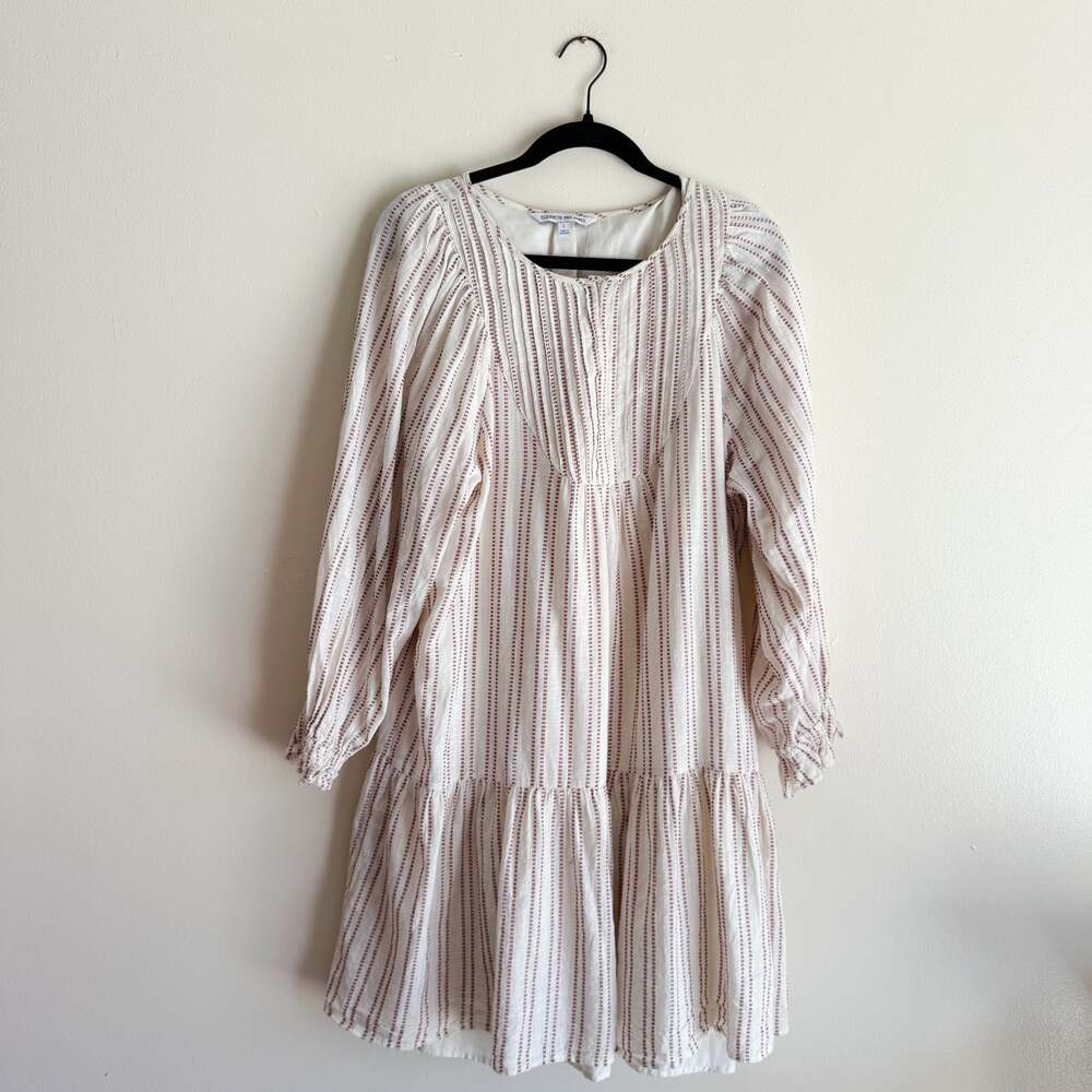 Elizabeth and James Beige + Red Striped Cotton Peasant Cottage Mini Dress Large